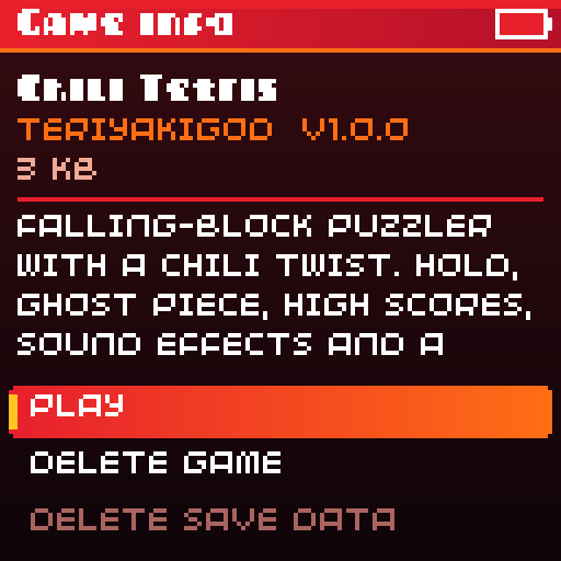 The game info screen for Chili Tetris with Play, Delete game and Delete save data
