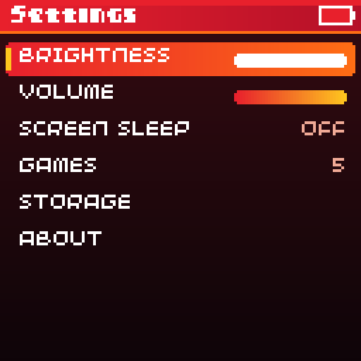 The ChiliChip OS settings screen with brightness, volume, screen sleep, games, storage and about