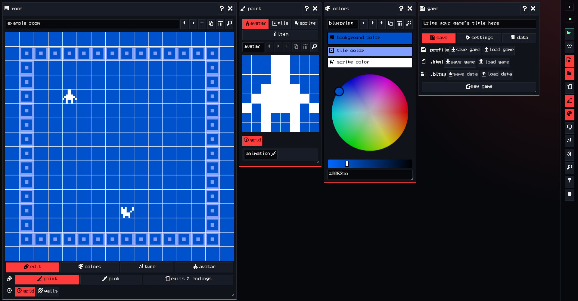 The chili game creator with a room, the paint tool and the color picker open